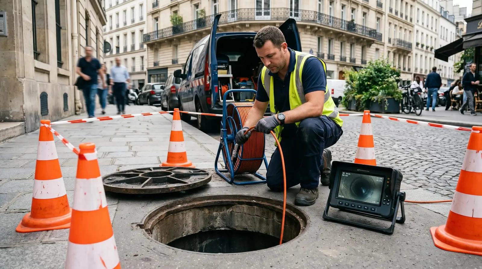 Artisan plombier réalisant une inspection caméra de canalisation dans une rue de Paris
